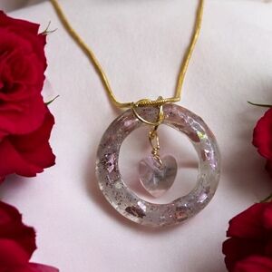 Rose Quartz Resin Donut Pendant Necklace | Floating Heart | 18K Gp Chain